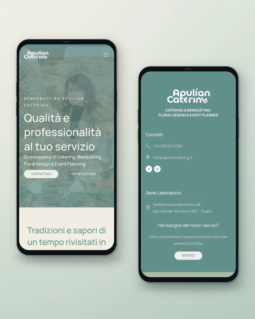 Due schermate del sito di Apulian Catering su smartphone