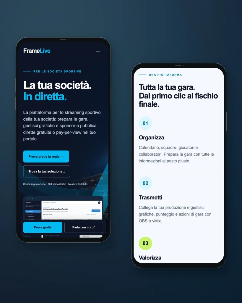 Due schermate del sito di FrameLive su smartphone